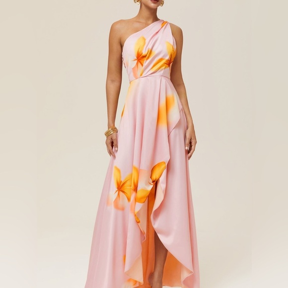 Fehaute Dresses & Skirts - Fehaute Orange and Pink Floral One Shoulder Slit A - Line Gown Size 4